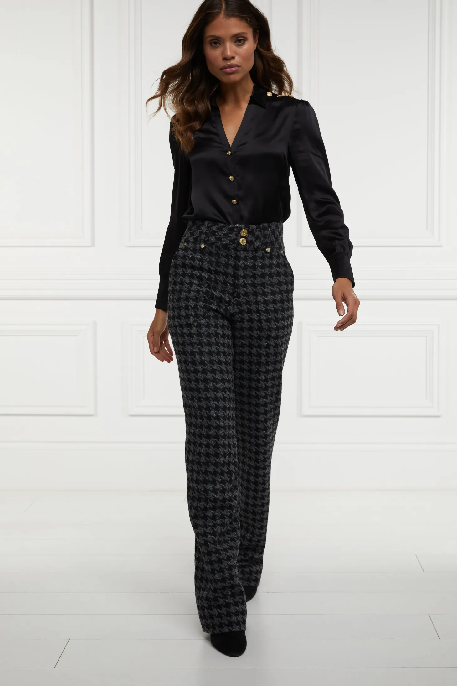 High Waisted Straight Trouser (Large Scale Charcoal Houndstooth)