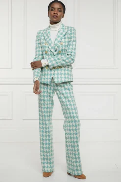 High Waisted Straight Trouser (Large Scale Teal Houndstooth)
