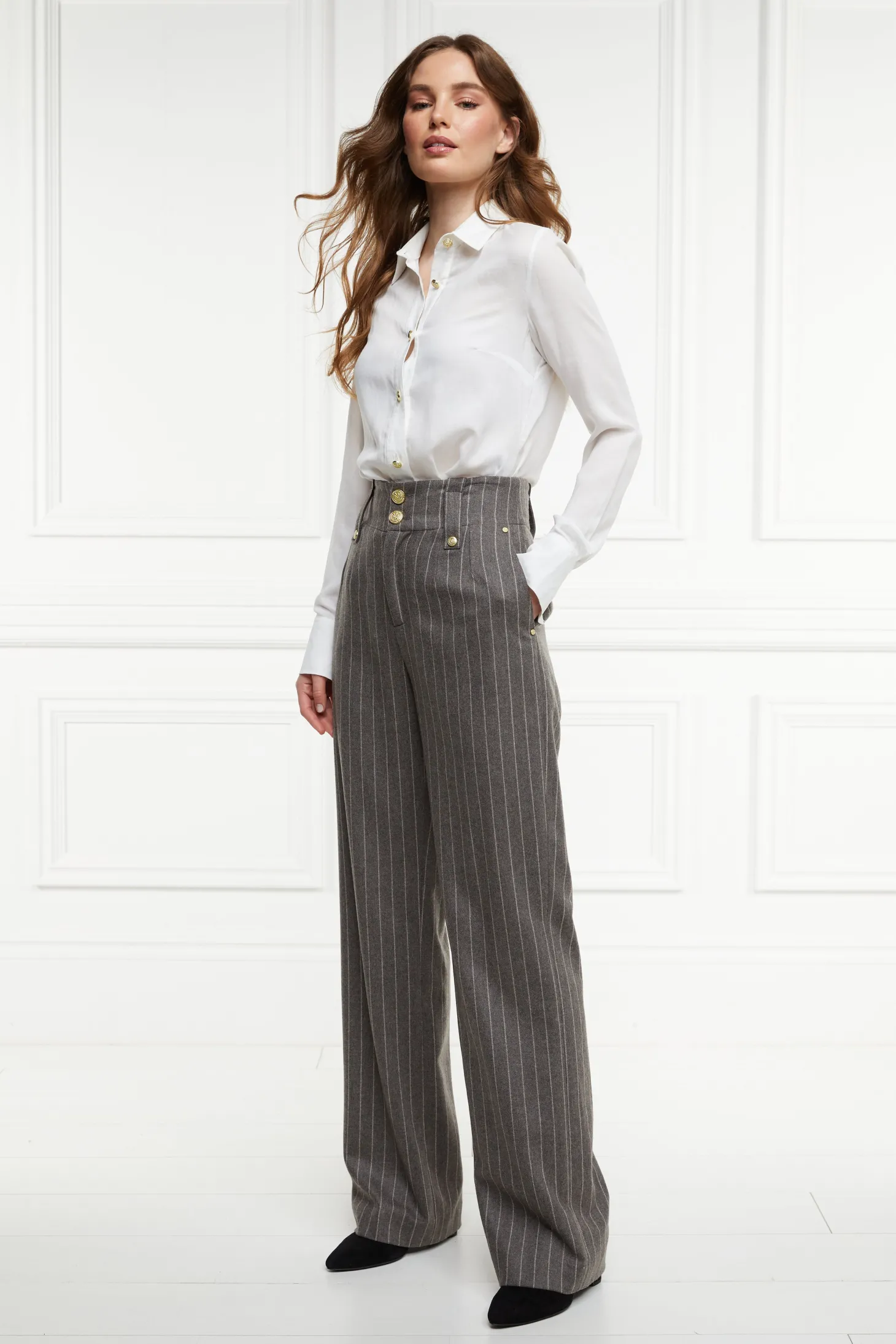 High Waisted Straight Trouser (Soft Grey Pinstripe)