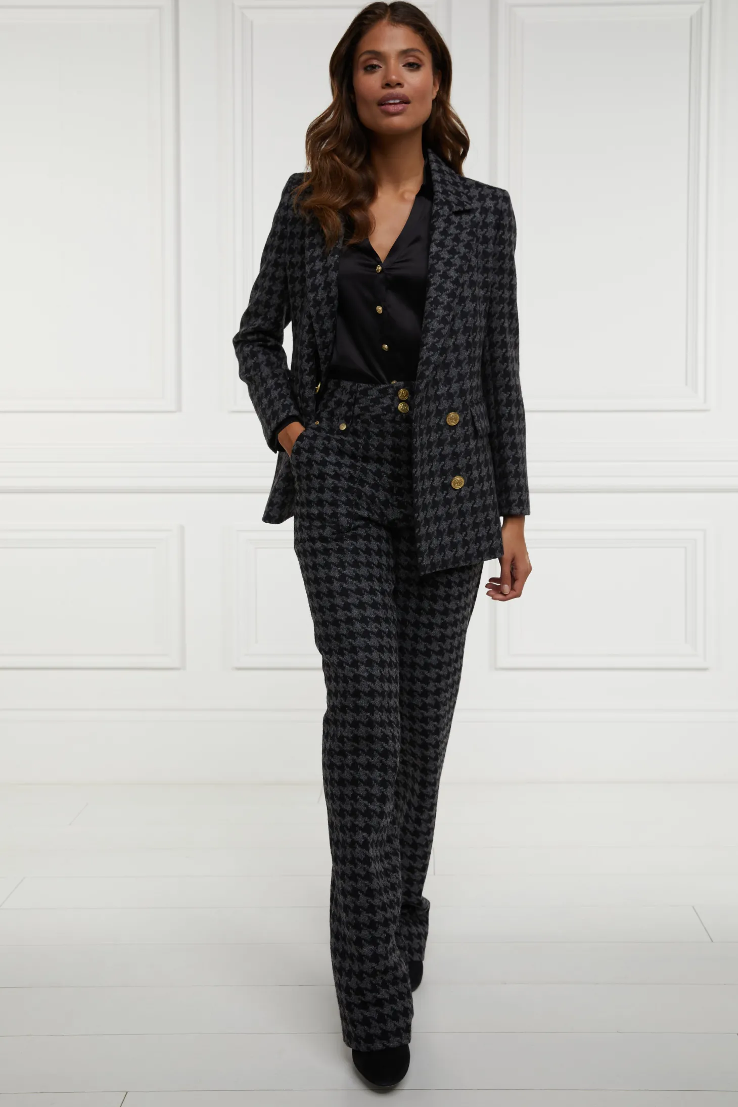 High Waisted Straight Trouser (Large Scale Charcoal Houndstooth)