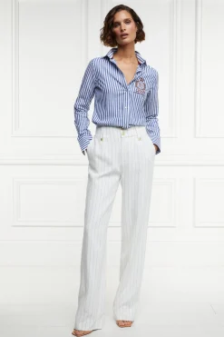 High Waisted Straight Trouser (Oyster Linen Pinstripe)
