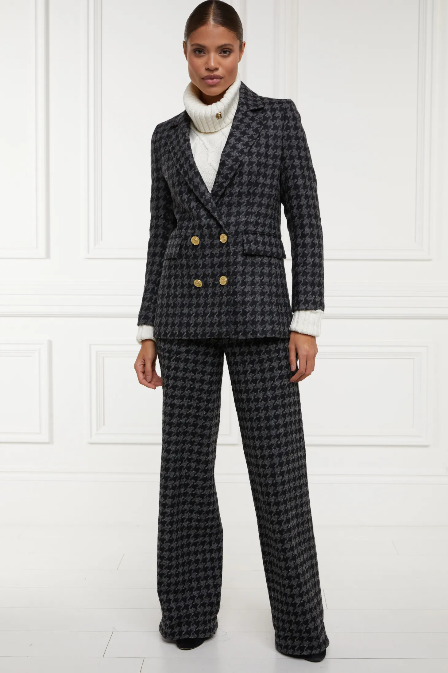 High Waisted Straight Trouser (Large Scale Charcoal Houndstooth)