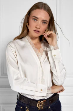 Lace V-Neck Blouse (Oyster)